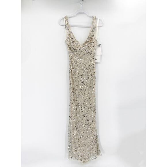 Mac Duggal 5674 Nude Silver Ruffled V-neckline Sequined Sheath Dress 0 NWT - Picture 8 of 8